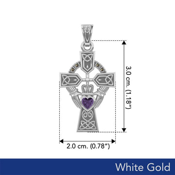 Celtic Cross and Irish Claddagh White Gold Pendant with Heart Gemstone WPD5340 - Jewelry